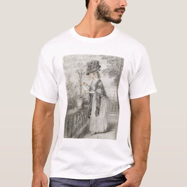 Lady on a Terrace Tending a Carnation Plant (black T-Shirt (Front)