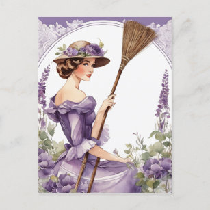 Lady on background, vintage Purple Broom clip art, Postcard