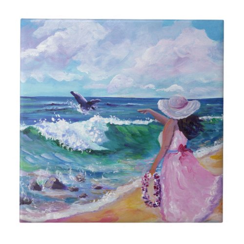Lady on Beach with Humpback Whale Ceramic Tile
