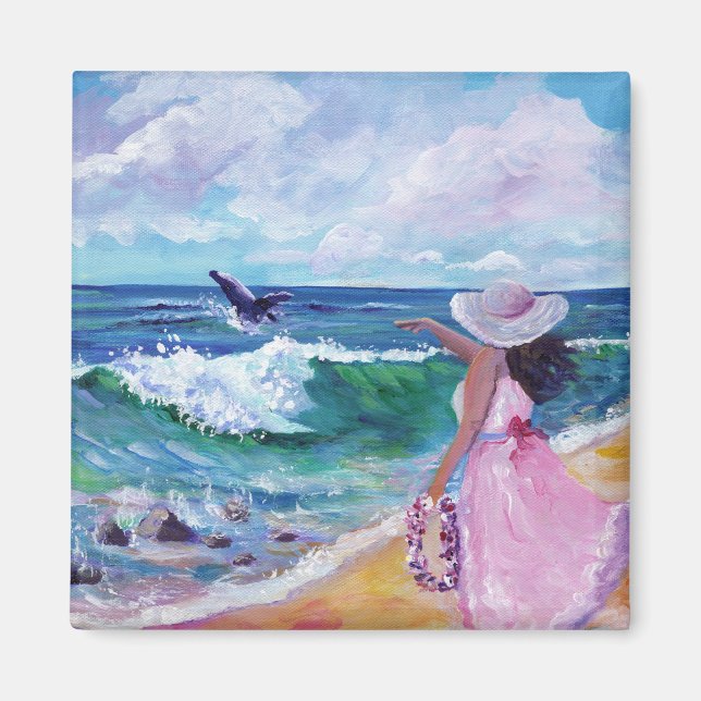 Lady on Beach with Humpback Whale Magnet (Front)