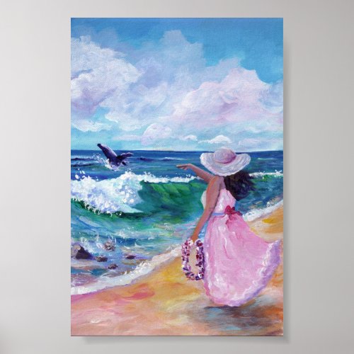 Lady on Beach with Whale Poster