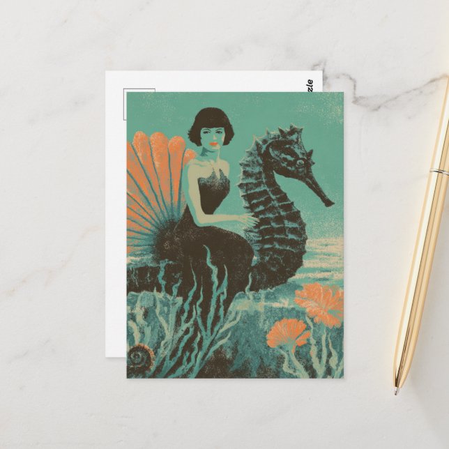 Lady on Her Seahorse Postcard (Front/Back In Situ)