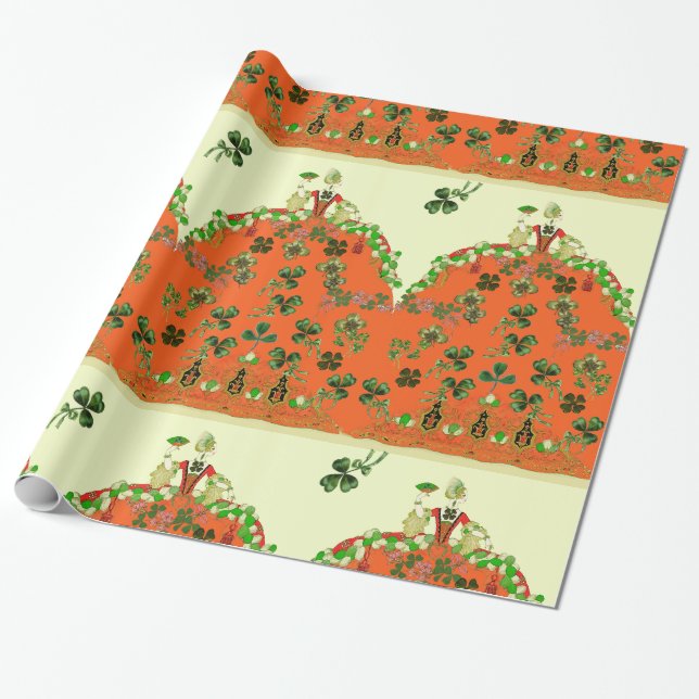 LADY ORANGE AND SHAMROCKS St. Patricks Day Fashion Wrapping Paper (Unrolled)