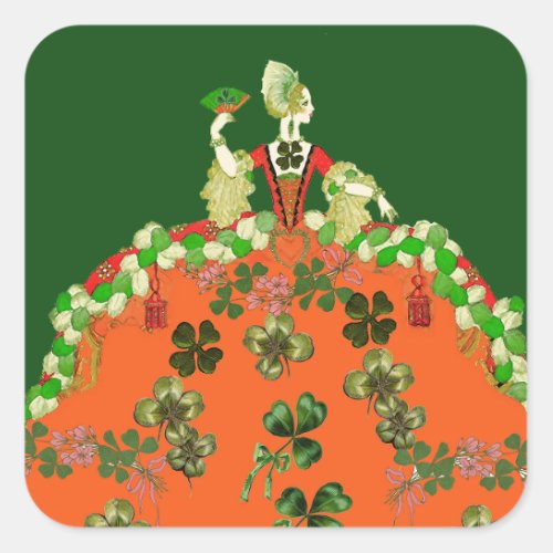 LADY ORANGE AND SHAMROCKS St Patricks Day Green Square Sticker