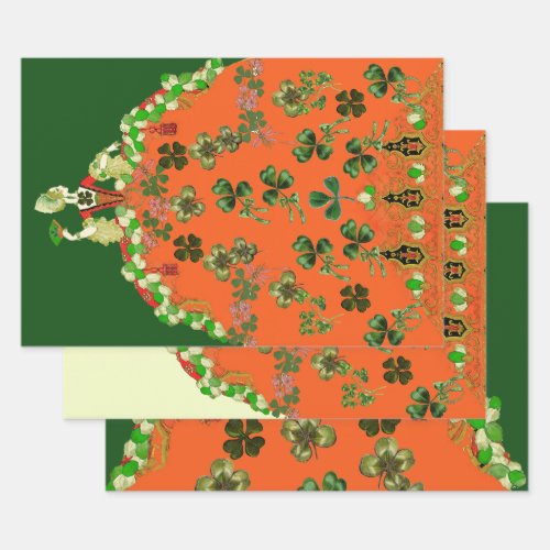 LADY ORANGE AND SHAMROCKS St Patricks Day Green  Wrapping Paper Sheets