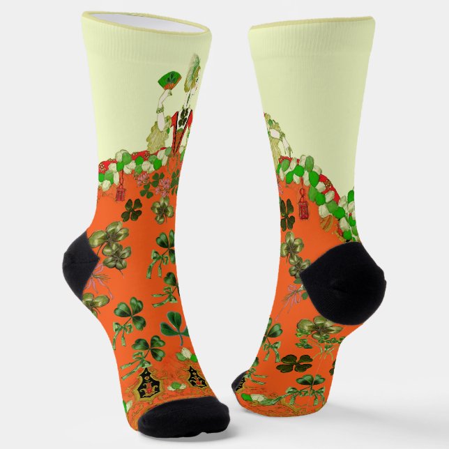 LADY ORANGE AND SHAMROCKS St. Patricks Day Party Socks (Angled)