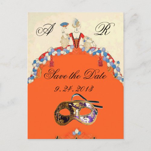 LADY ORANGE MASQUERADE  PARTY SAVE THE DATE ANNOUNCEMENT POSTCARD
