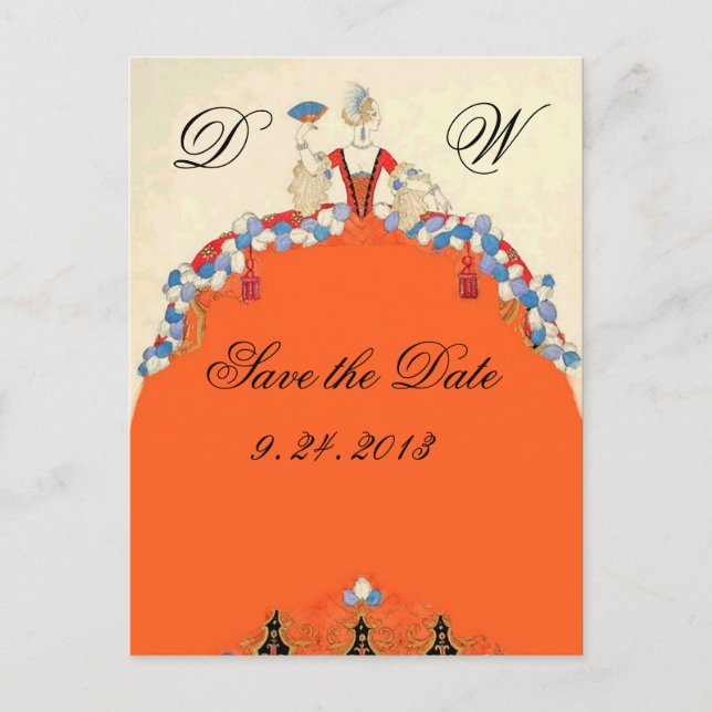 LADY ORANGE / WEDDING PARTY SAVE THE DATE MONOGRAM ANNOUNCEMENT POSTCARD (Front)