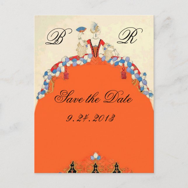 LADY ORANGE / WEDDING PARTY SAVE THE DATE MONOGRAM ANNOUNCEMENT POSTCARD (Front)