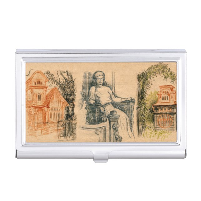 Lady pencil graphics on craft business card case (Front)