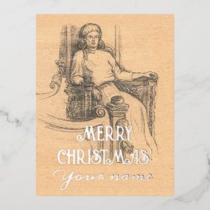 Lady pencil graphics on craft foil holiday postcard