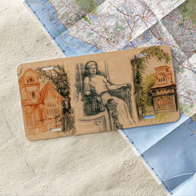 Lady pencil graphics on craft license plate (In Situ)