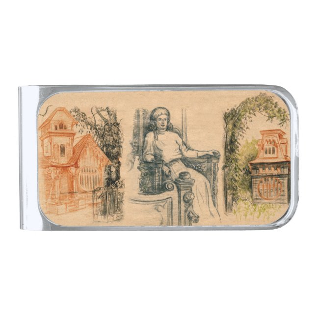 Lady pencil graphics on craft silver finish money clip (Front)