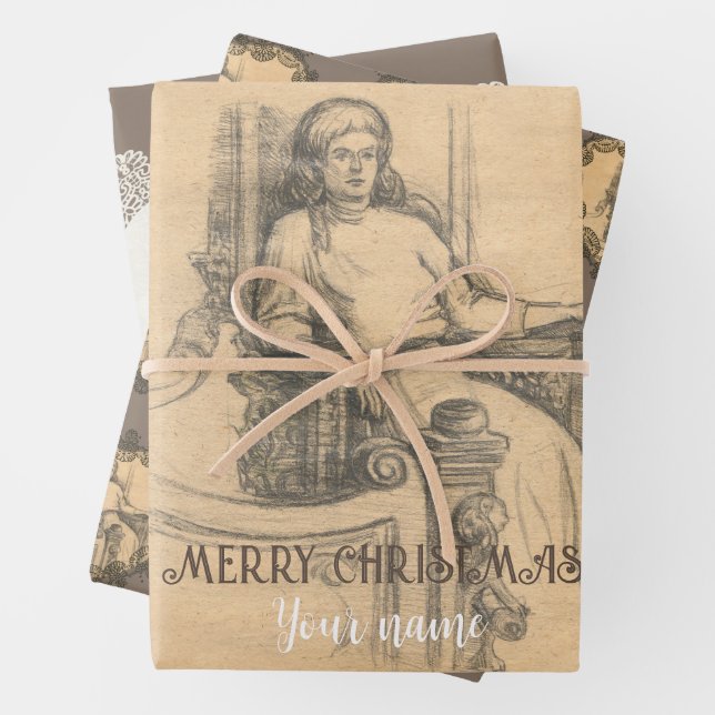Lady pencil graphics on craft wrapping paper sheets (In situ)