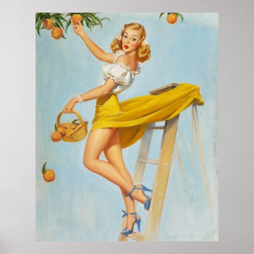Lady Picking Peaches Pinup Poster