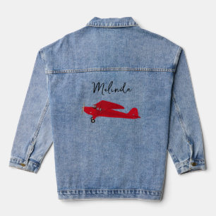 Lady Pilot Vintage Airplane Drawing Script Name Denim Jacket