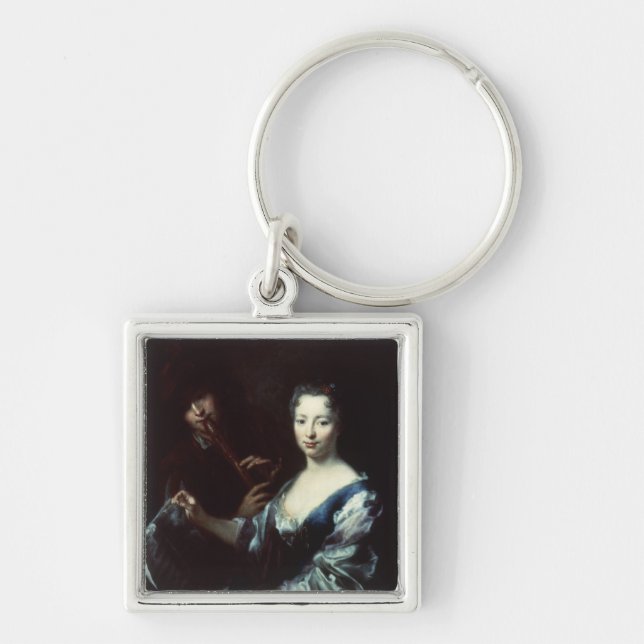 Lady playing a spinet and a flautist keychain (Front)