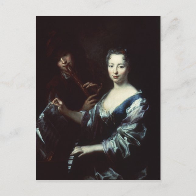 Lady playing a spinet and a flautist postcard (Front)