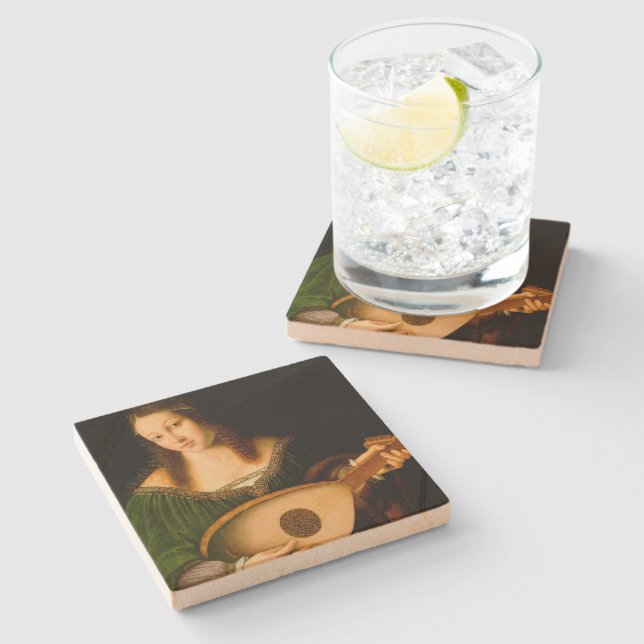 Lady Playing Lute Fine Art Painting Stone Coaster (Side)