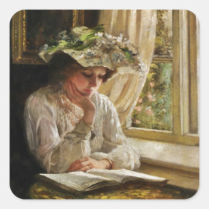 Lady Reading by Window Square Sticker