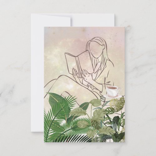 Lady Reading with plants and coffee card