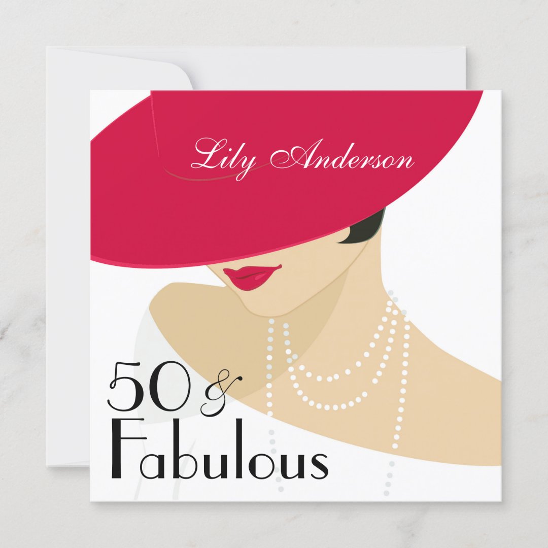 Lady Red hat elegant pearls 50 & Fabulous Invitation | Zazzle