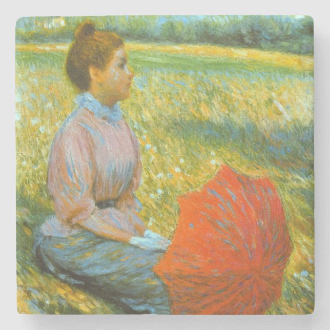 Lady Resting in a Green Meadow Stone Coaster (Front)