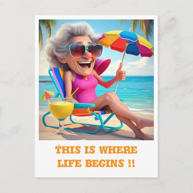 " LADY RETIRED AT THE BEACH " POSTCARD (Front)