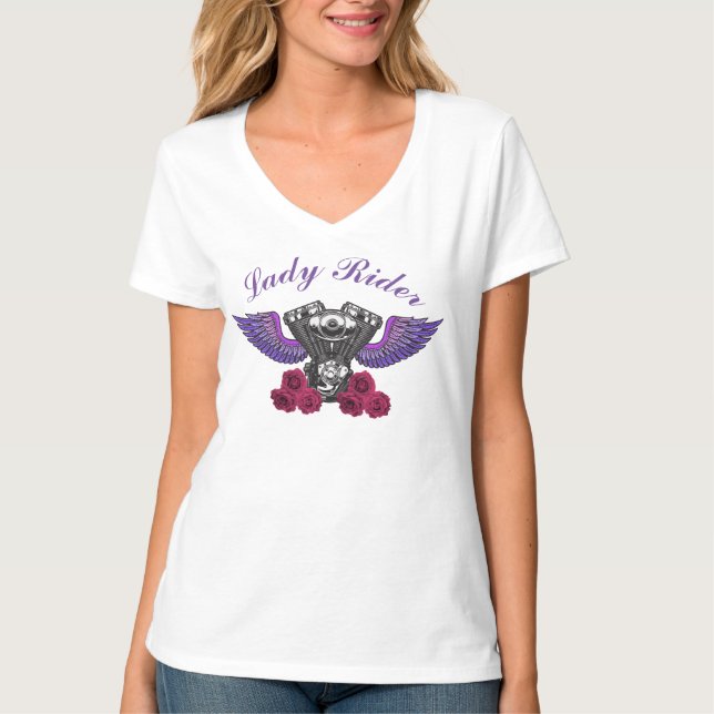 Lady Rider Motorcycle Engine Wings Roses T-Shirt (Front)