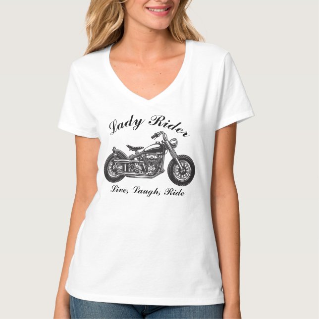 Lady Rider Motorcycle Live, Laugh, Ride T-Shirt (Front)