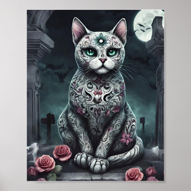 "Lady Rose" Gothic, Day of the Dead, White Cat Poster (Front)