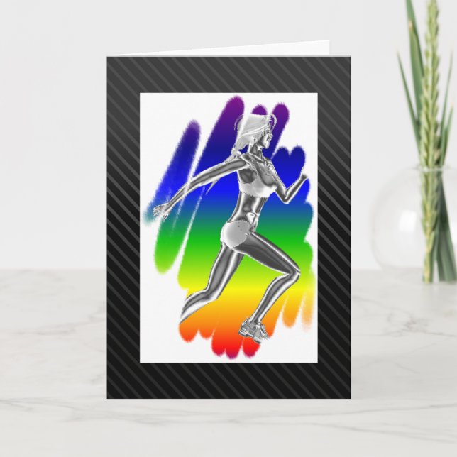 Lady Runner Rainbow Greetings Card (Front)