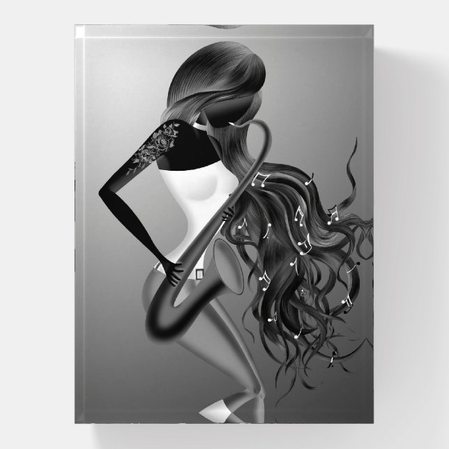 Lady Saxophonist Musician  Black and white Paperweight (Vertical)