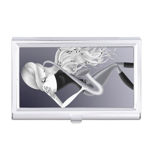Lady Saxophonist Musician Gray Monochrome  Business Card Case (Front)