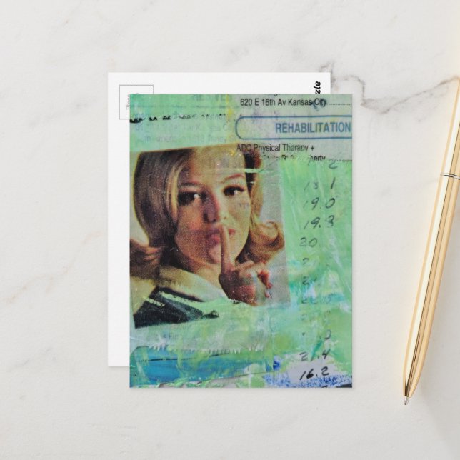 Lady says shh Mixed Media Collage Postcard (Front/Back In Situ)
