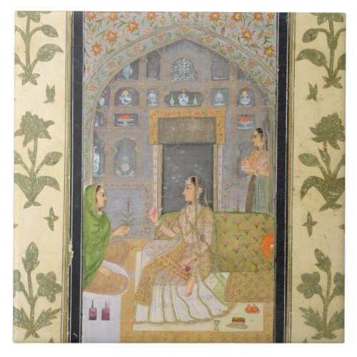 Lady seated in a Pavilion with attendants from th Ceramic Tile