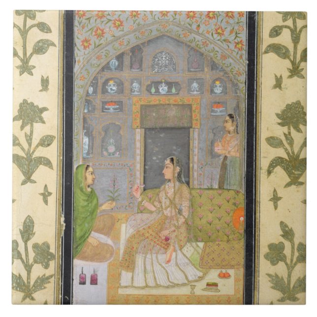 Lady seated in a Pavilion with attendants, from th Ceramic Tile (Front)