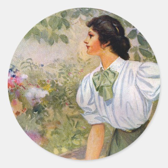 Lady Shoveling Dirt in Flower Bed Classic Round Sticker