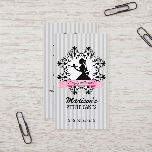 Lady Silhouette Cupcake Silver and Pink Business Card