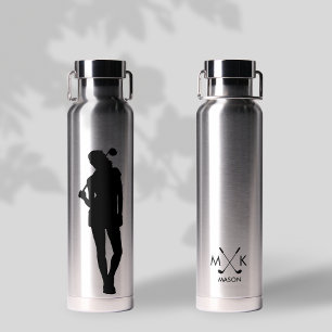 Lady Silver With Black Modern Golfer Monogram Water Bottle