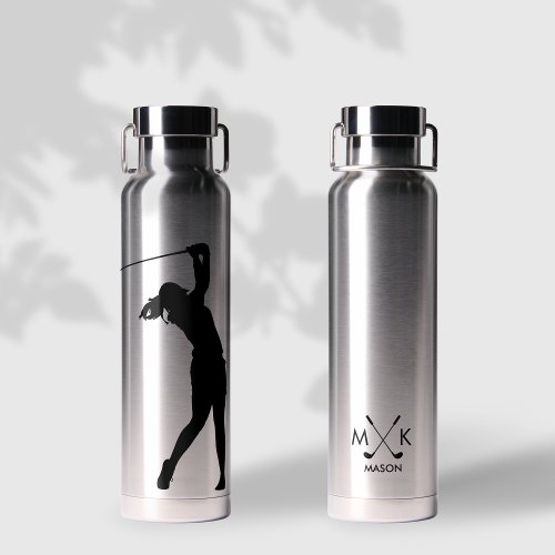 Lady Silver With Black Modern Golfer Monogram Water Bottle