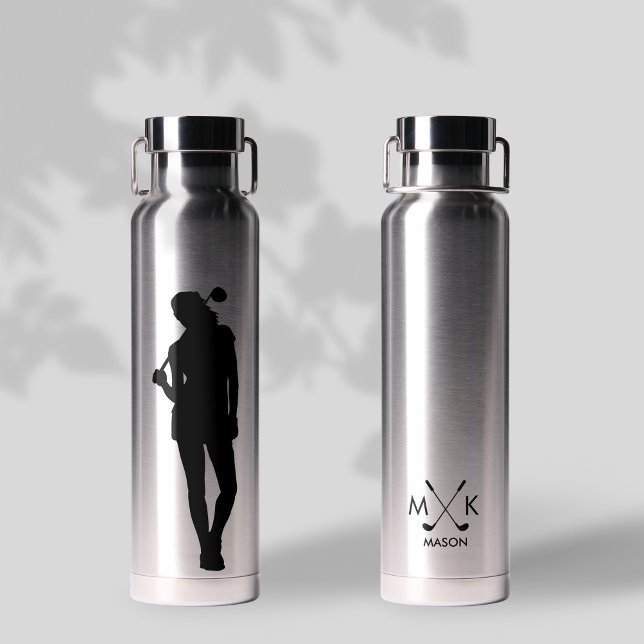Lady Silver With Black | Modern Golfer Monogram Water Bottle (Creator Uploaded)