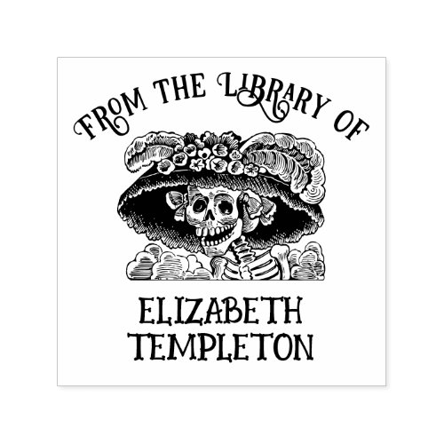 Lady Skeleton Skull with Big Hat Library Book Name Self_inking Stamp