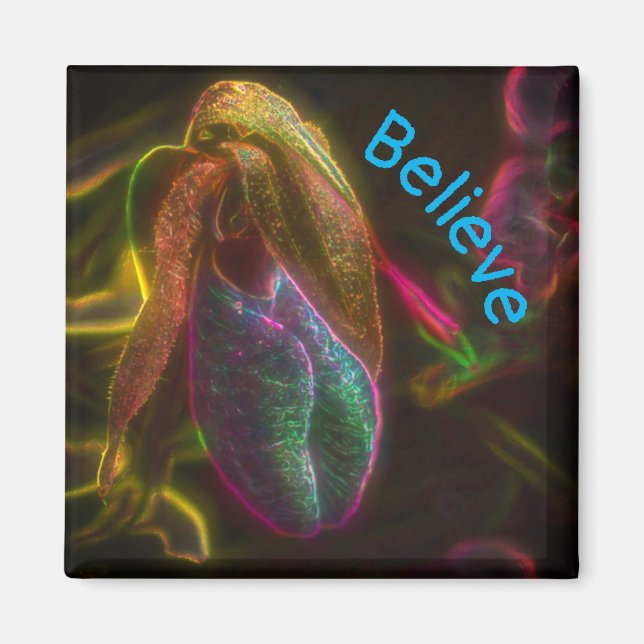Lady Slipper Flower Believe Inspirational Magnet (Front)