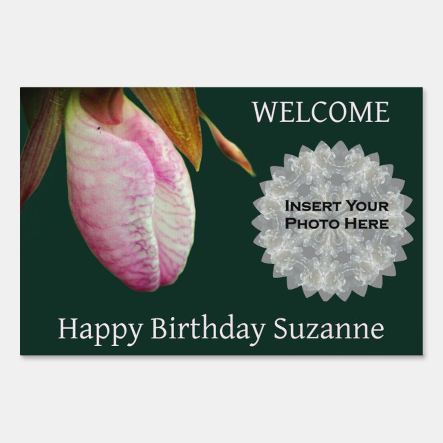 Lady Slipper Flower Personalized Photo Birthday Sign (Front)