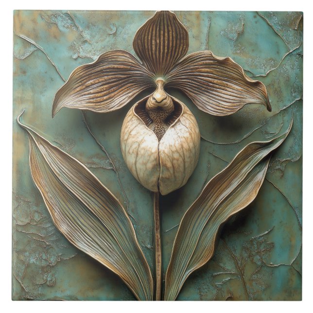 Lady Slipper Orchid Faux Relief Flower Ceramic Tile (Front)