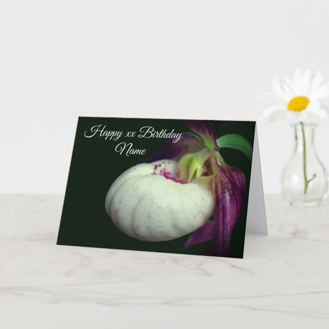 Lady Slipper Orchid Flower Personalized Birthday  Card (Small Plant)