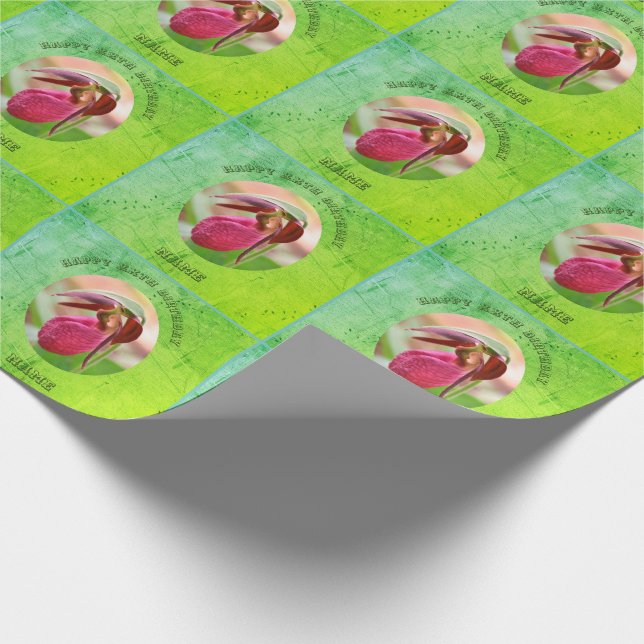 Lady Slipper Orchid Personalized Birthday  Wrapping Paper (Corner)