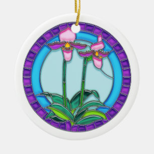 Lady Slipper Orchids in Circular Stained Glass Ceramic Ornament
