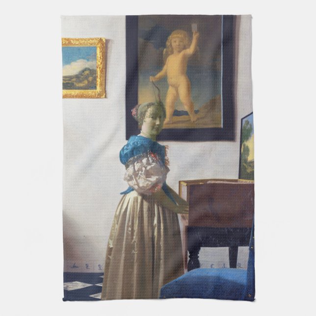 Lady Standing at a Virginal, Johannes Vermeer Kitchen Towel (Vertical)